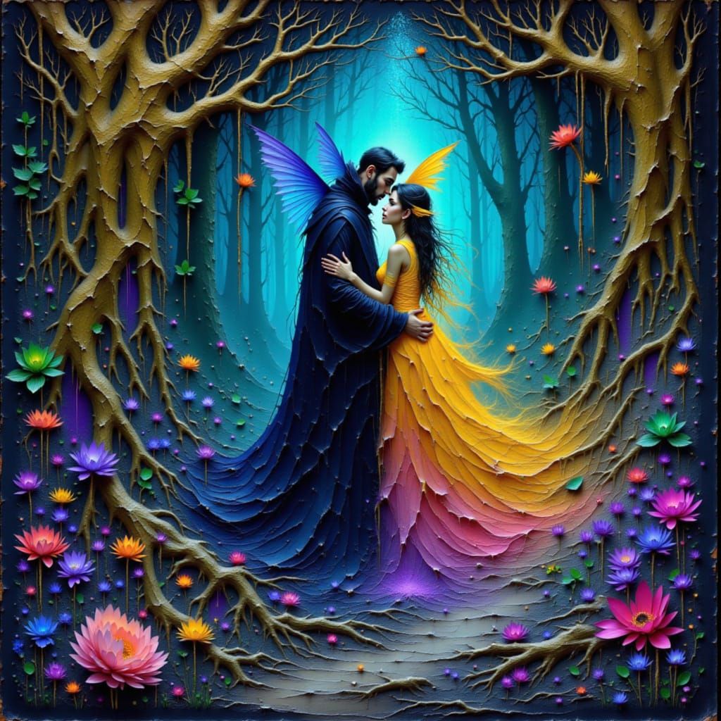 Elven Lovers in Mystical Forest: Dark Fantasy Art