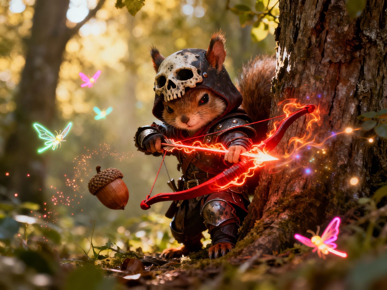 Cute Medieval Thief Squirrel with Magical Bow in Forest