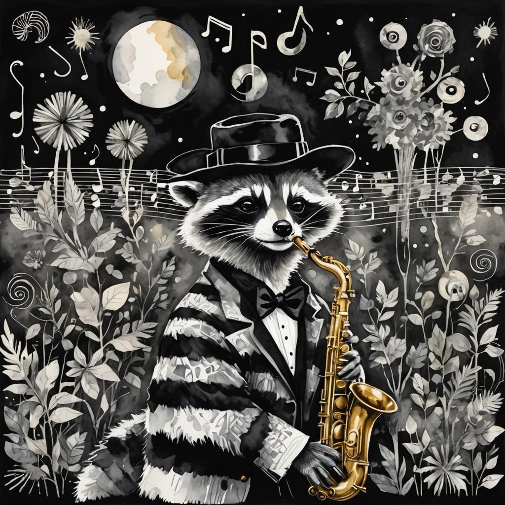 Raccoon Jazz Musician in Watercolor Style