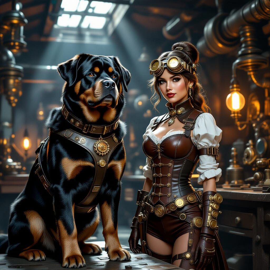 Rottweiler and Steampunk Girl in Victorian Workshop
