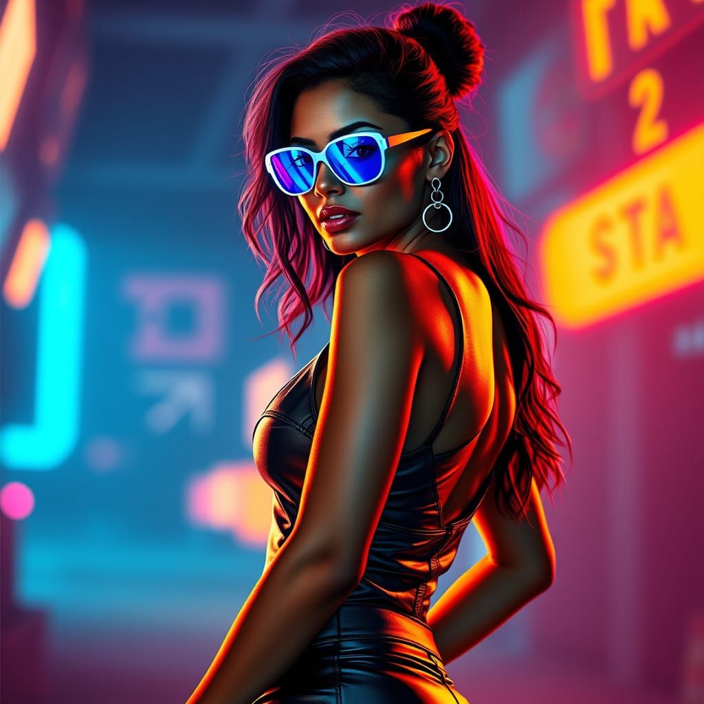 Glowing Indian Goddess in Cyberpunk Splendor