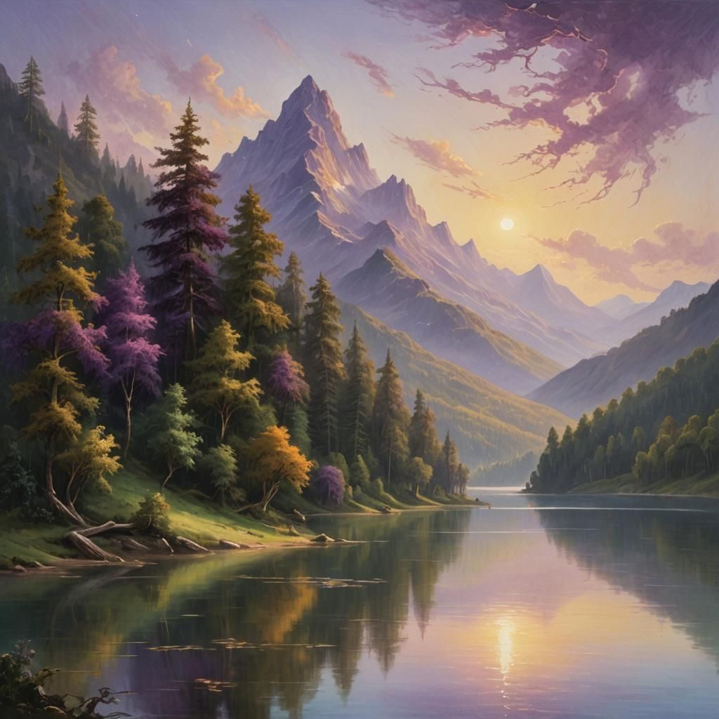 Purple Mountain and Lake in Romantic Style