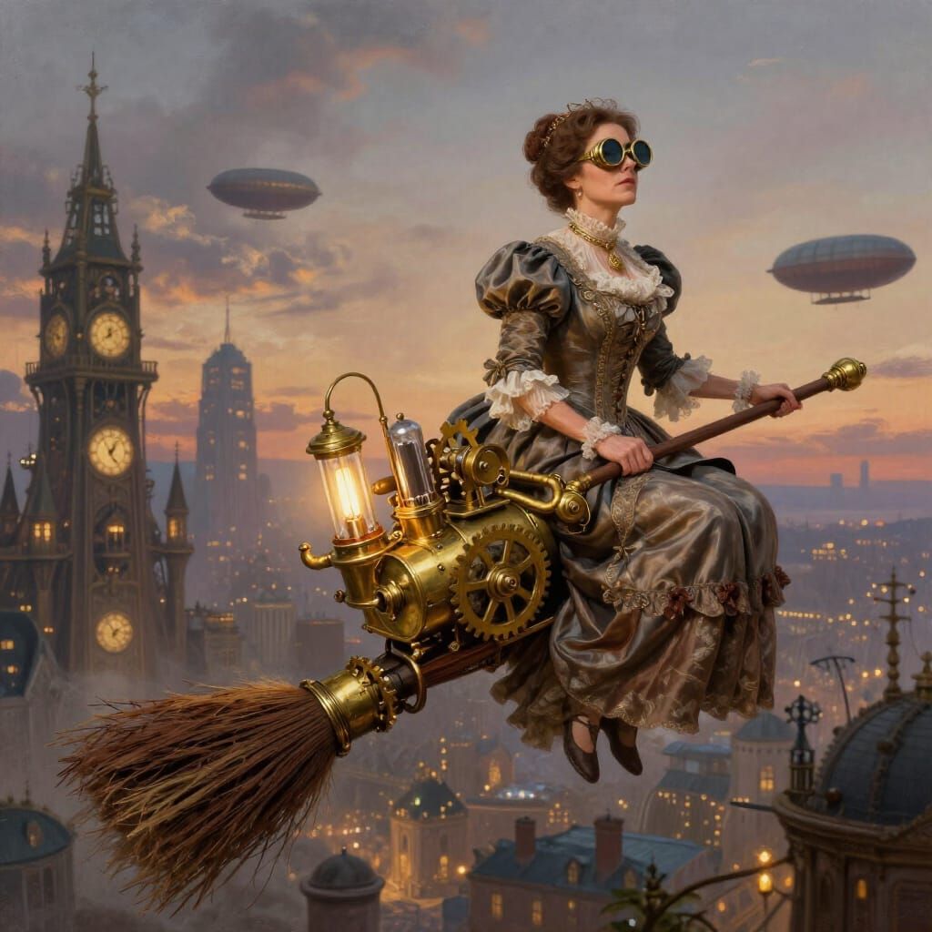 Steampunk Mother-in-Law Soars on Victorian Broom