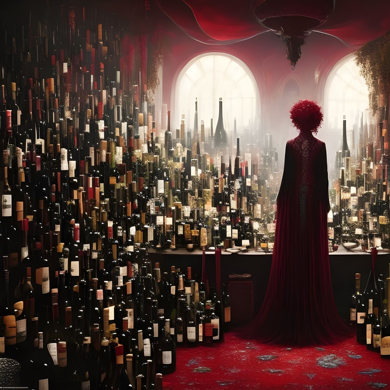 Sinister Surreal Woman Surrounded by Wine Glasses