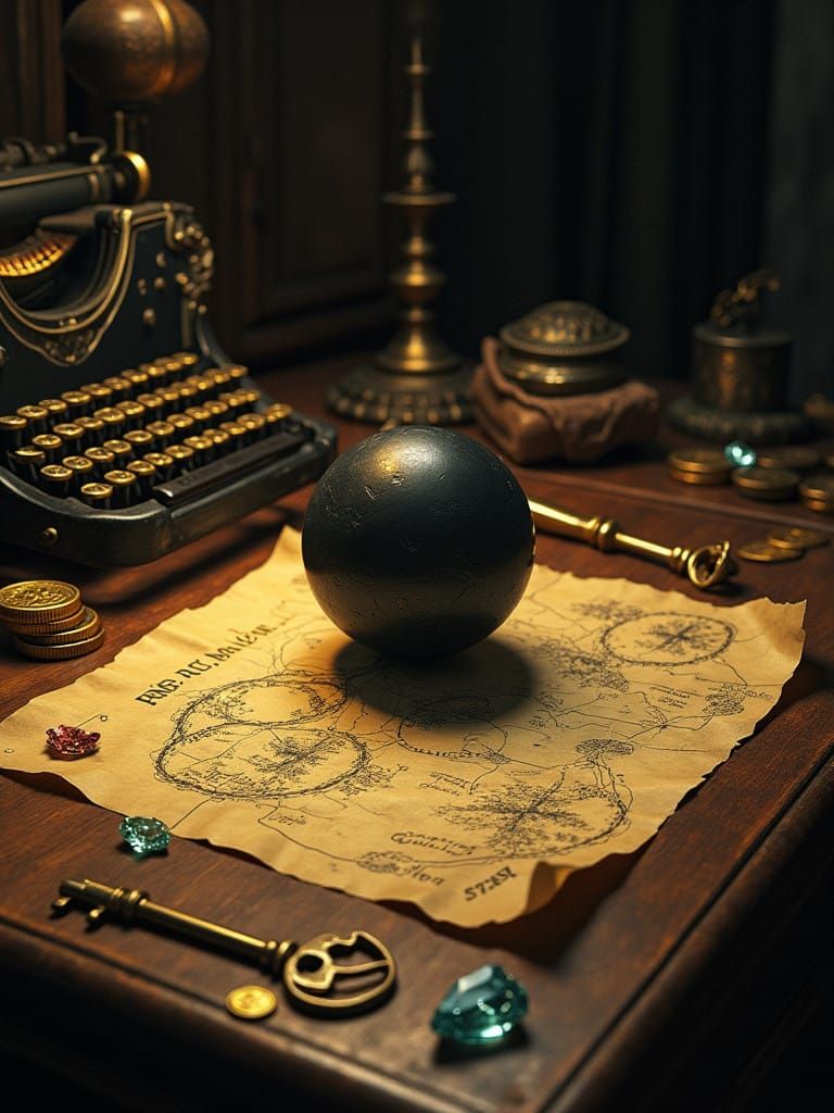 Mysterious Desk with Black Sphere on Treasure Map