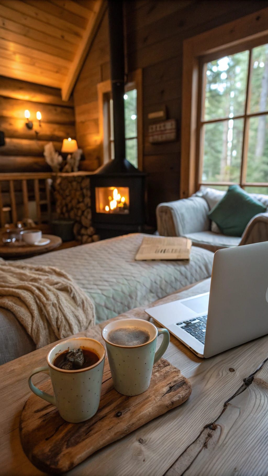 Cozy Cabin Scene: Coffee, MacBook, and Fireplace Comfort