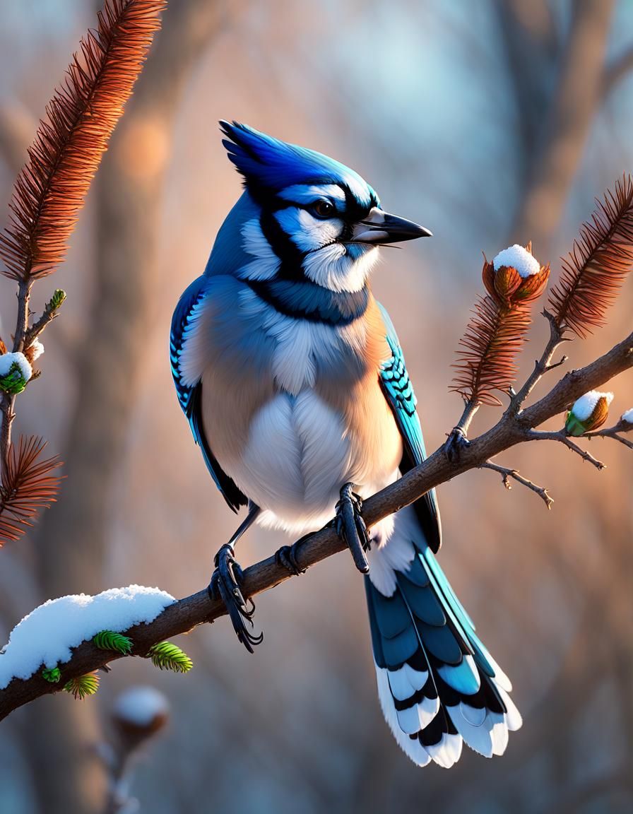 Vibrant Blue Jay on Sapling in Magical Sunrise
