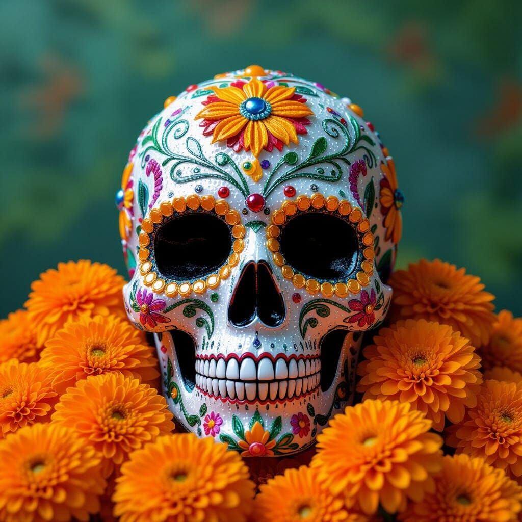 Beaded collage of a skull, with intricate beadwork design, c...