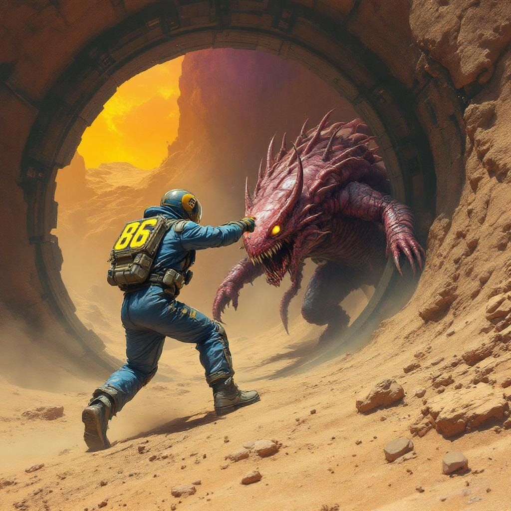 Vault Dweller Battles Deathclaw in Dystopian Landscape