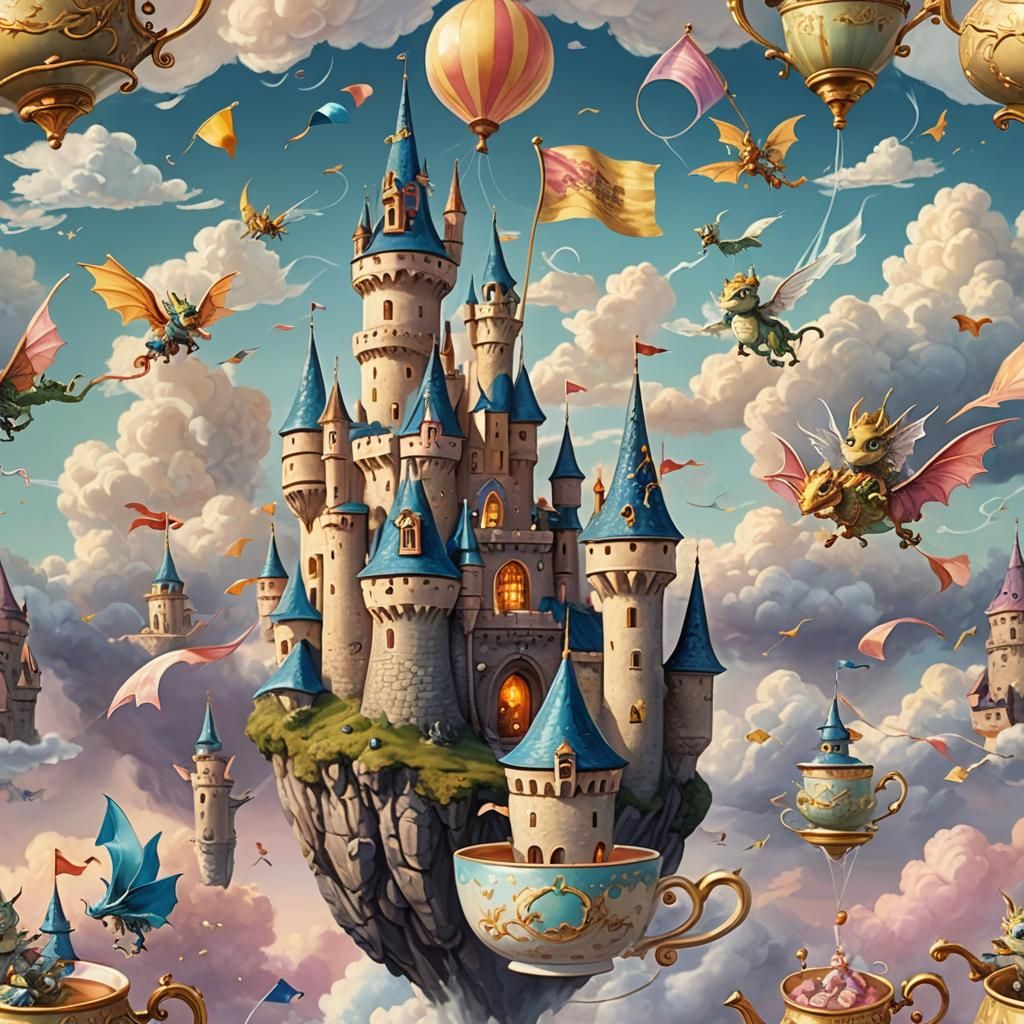Fairytale Castle on Teacup with Dragons, Fantasy Art