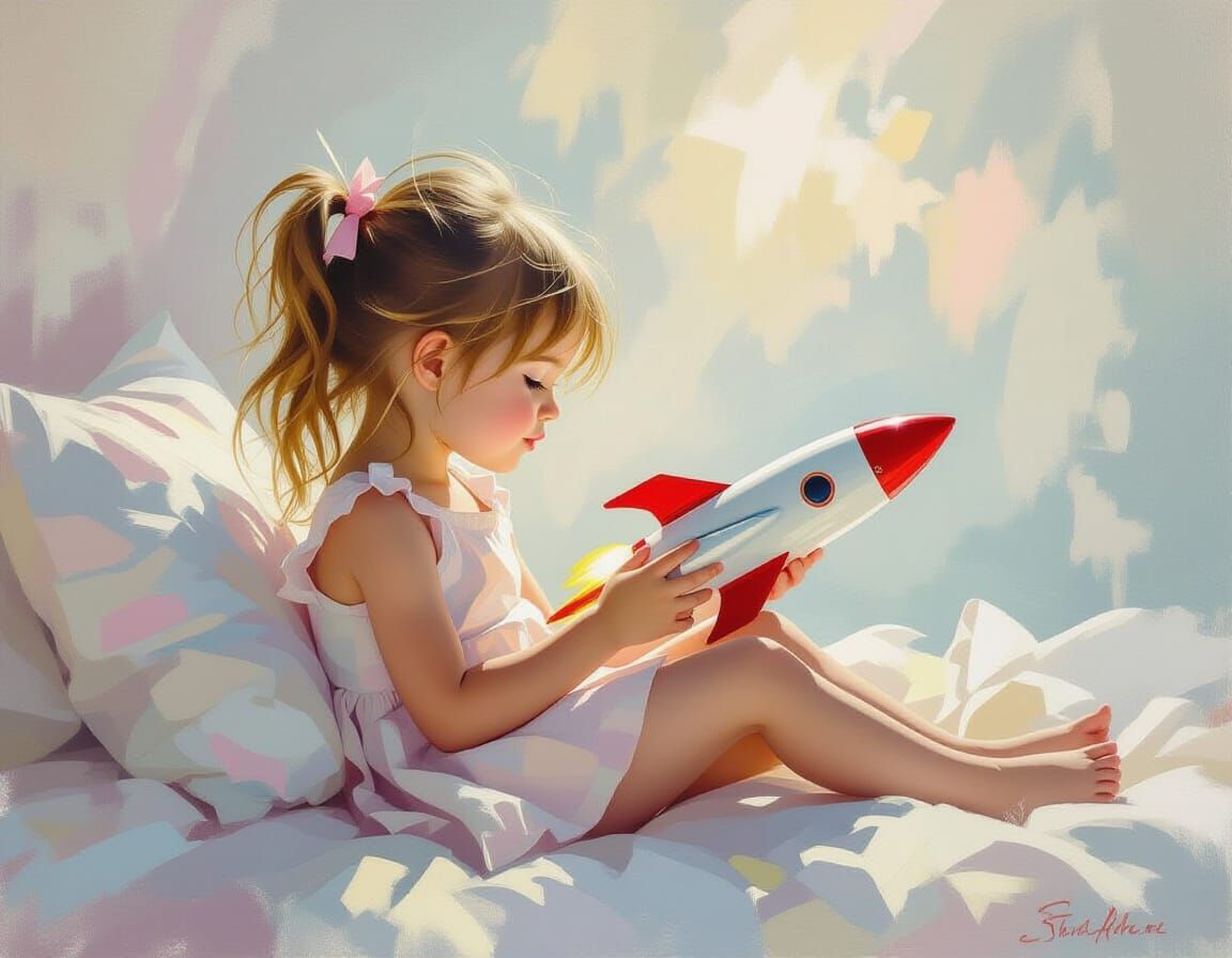 Girl in Space with Rocket Toy: Impressionist Rococo Painting