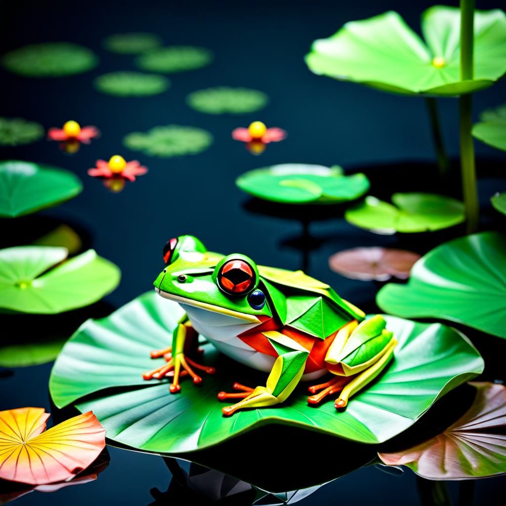 Magical Origami Frog at Midnight in Cubist Style