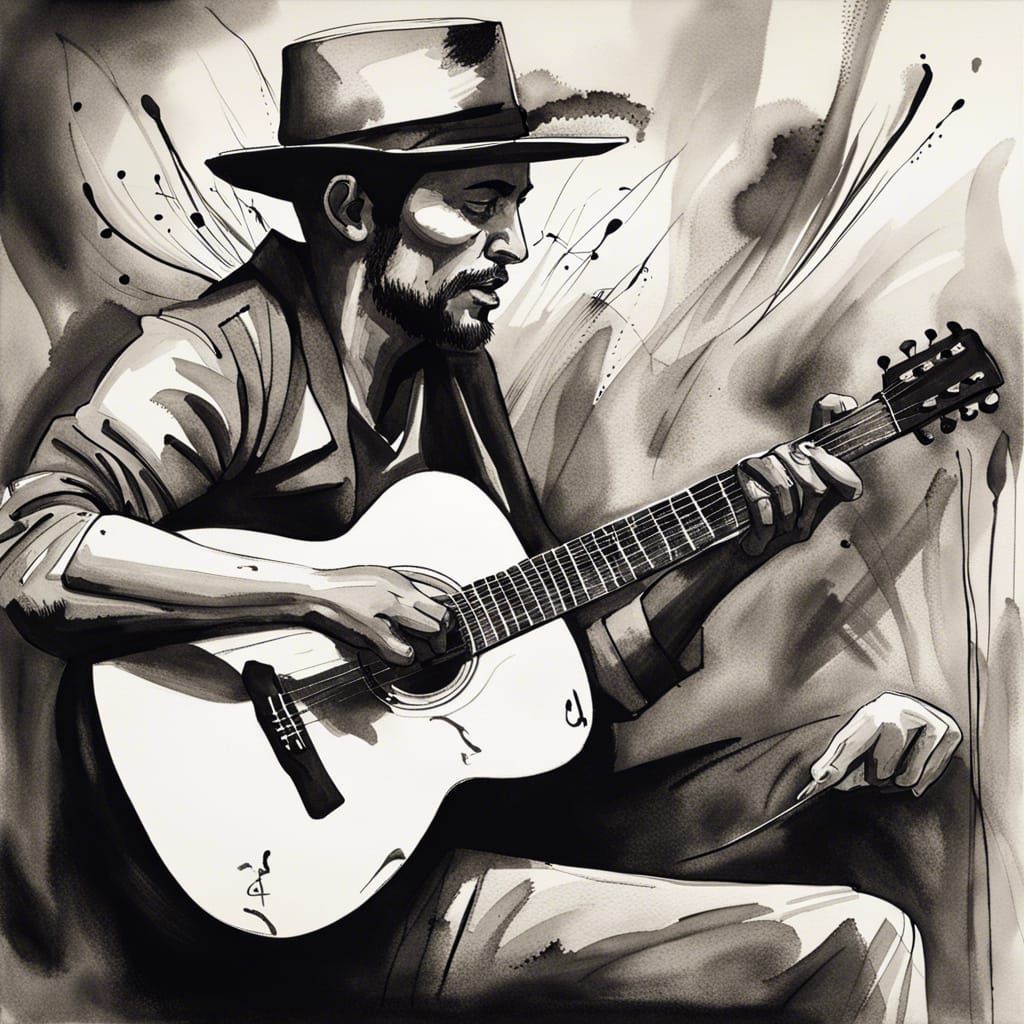Man with Strange Hats Playing Guitar in Ink