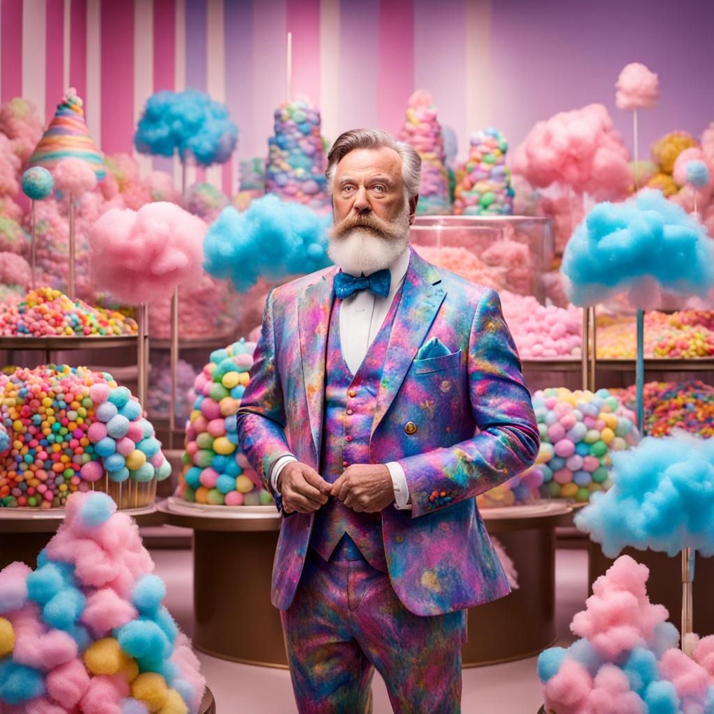 Whimsical Chocolate Factory Scene with Cotton Candy Beard