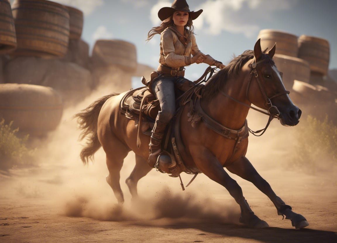 Cowgirl on buckskin horse running around barrel