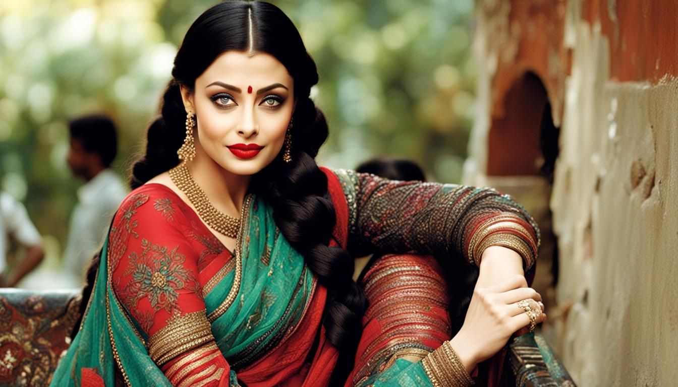 Aishwarya Rai Portrait with Braids and Red Lips