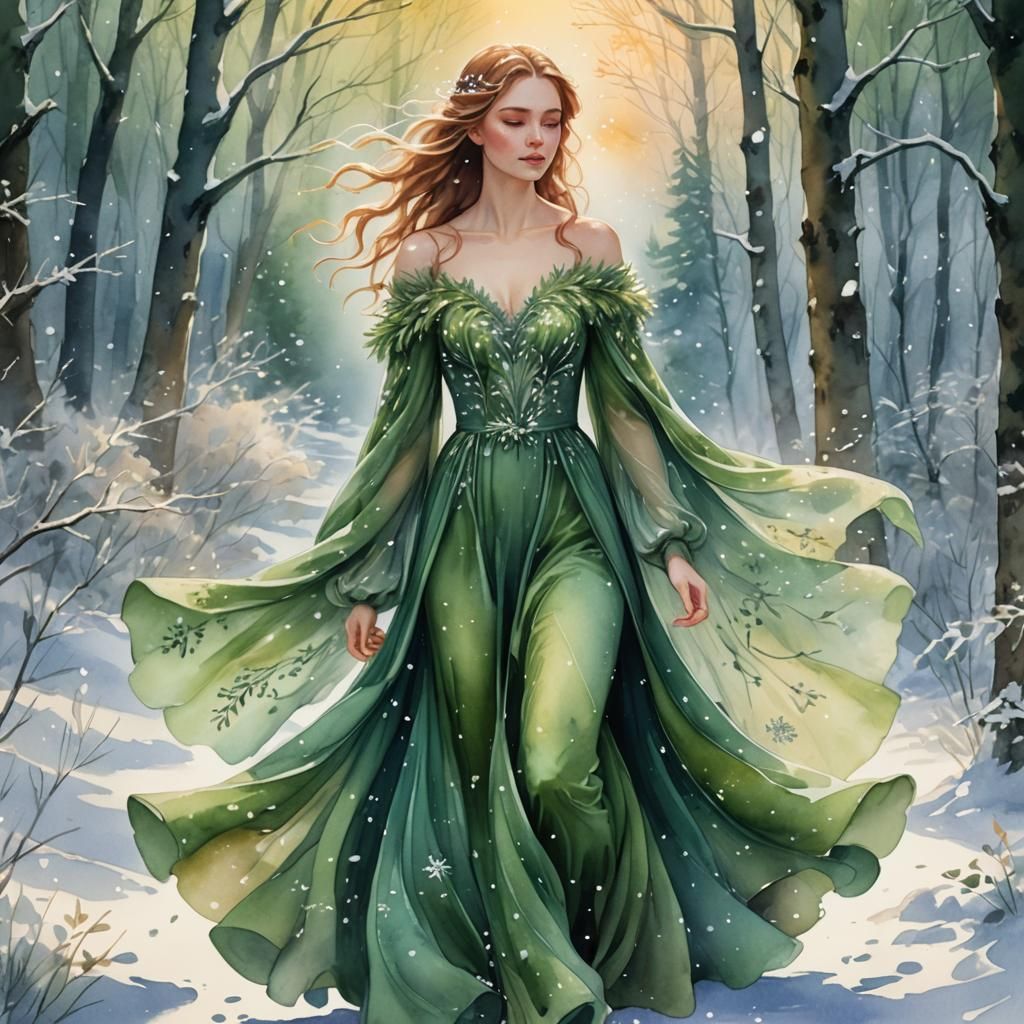 Girl in Snowy Forest, Watercolor Style