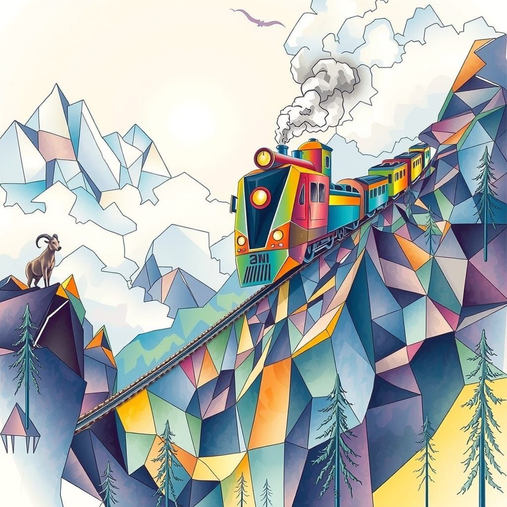 Dreamlike Fantasy Scene of a Cube-Shaped Mountain Train