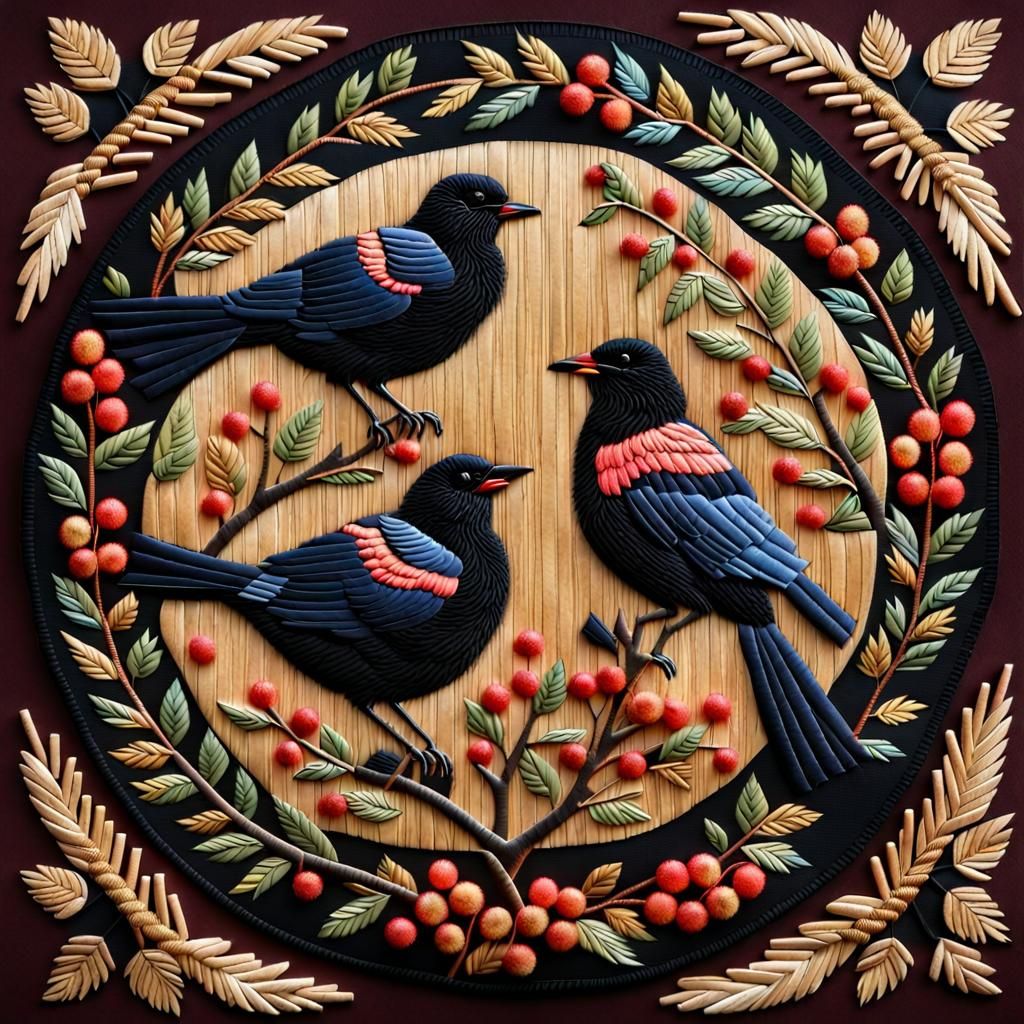 Birds on Rowan Tree in Straw Applique Style