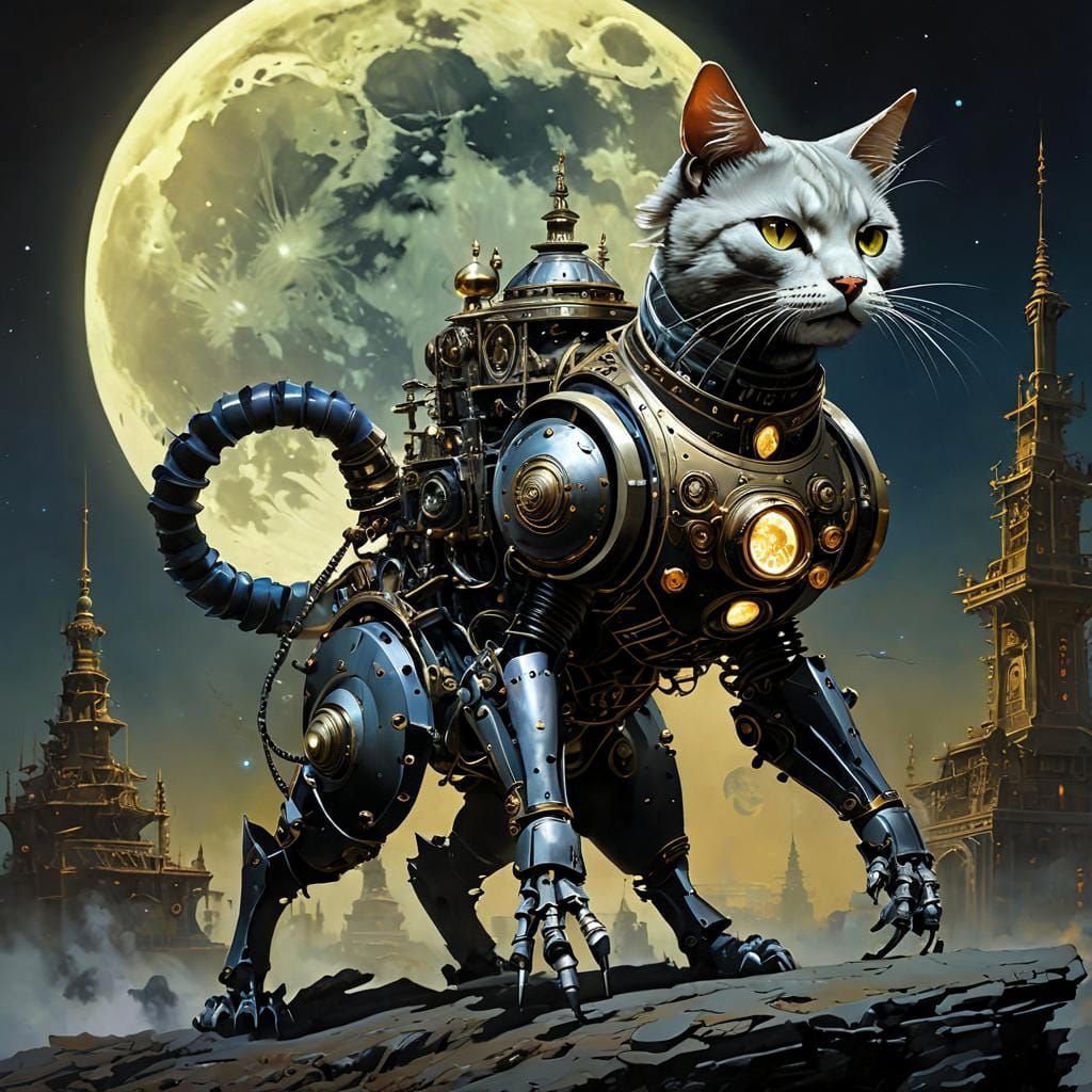 Steampunk Cat-Robot in Surreal Fantasy Art