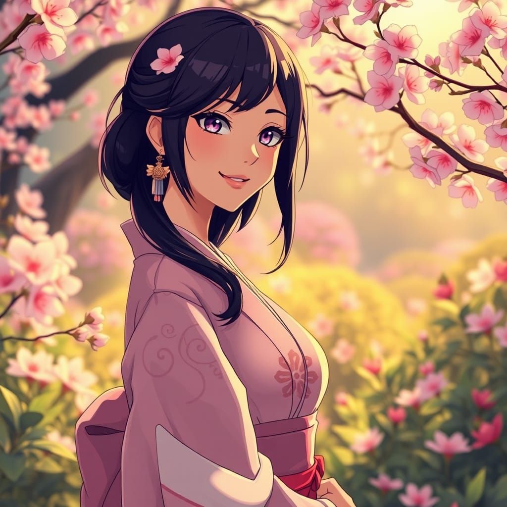 Anime Woman in Kimono in Lush Garden