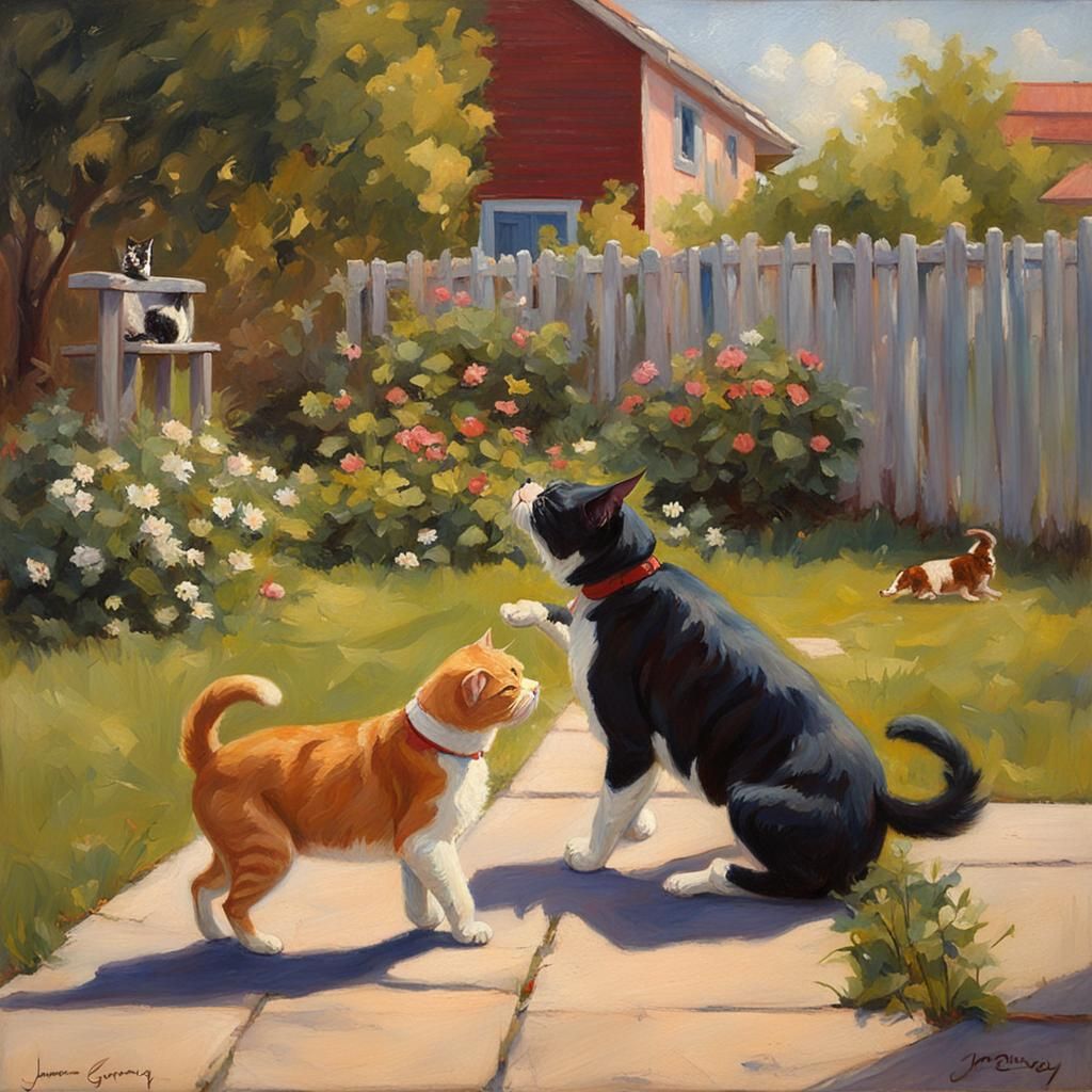 Cat and Dog Play in Yard: An Oil Painting