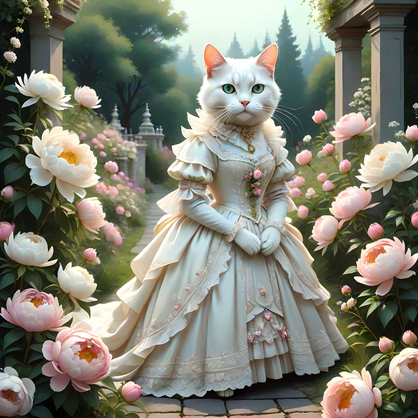 Elegant White Cat Bride in a Floral Garden