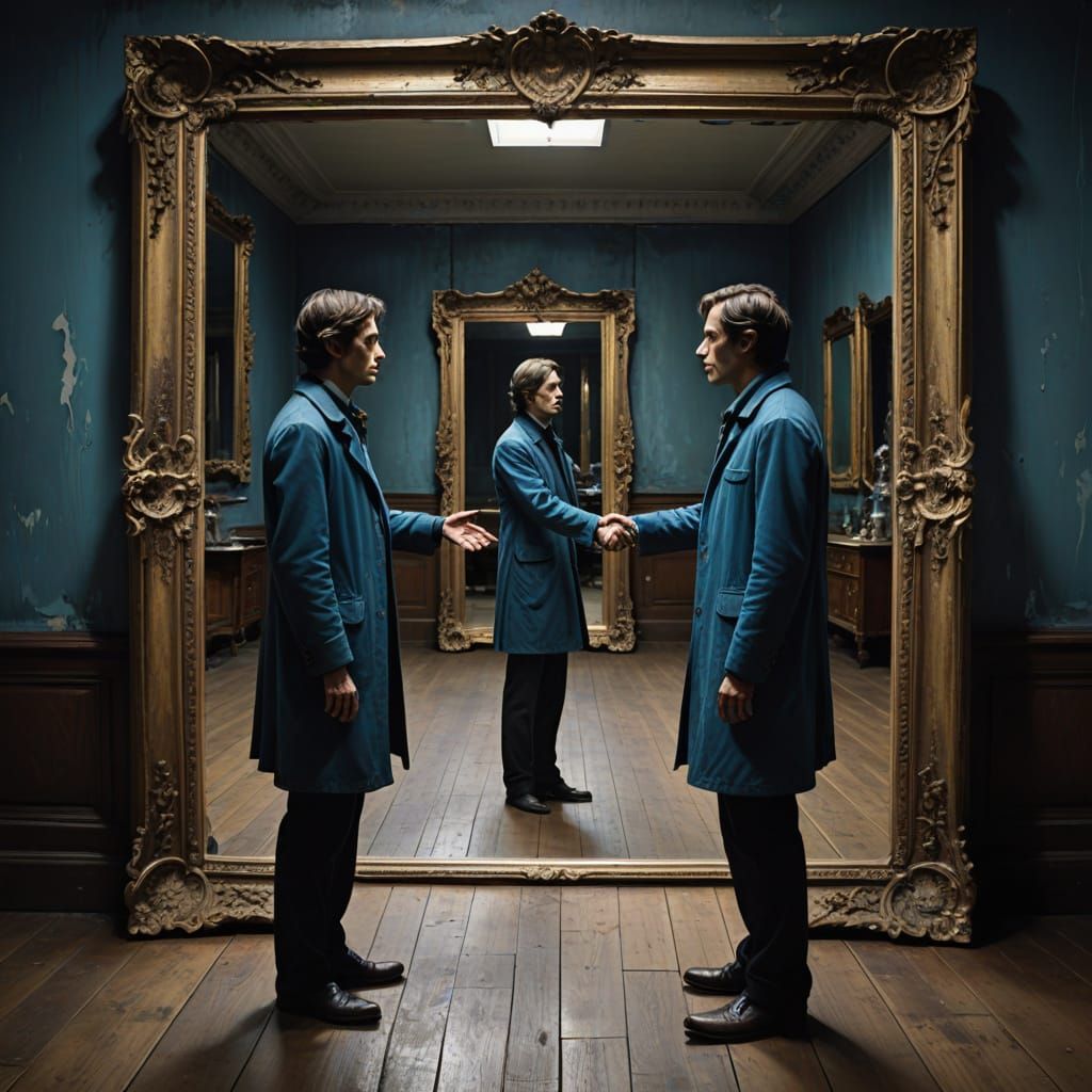 Surreal Scene of Two Mirrors Connecting Realities in Mysteri...