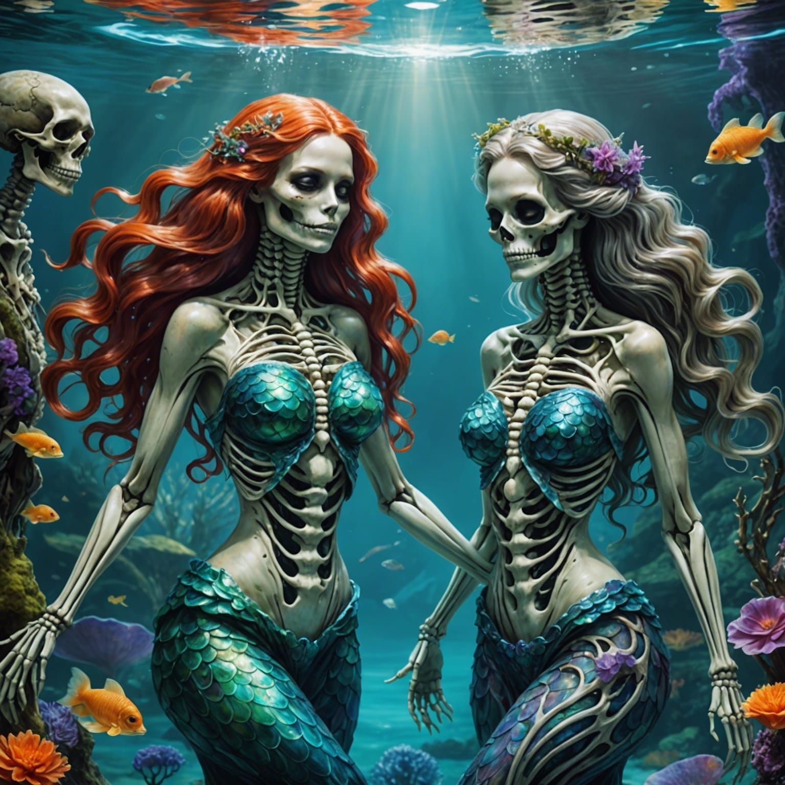 Mermaids and Skeleton in Water: 3D Manga Art