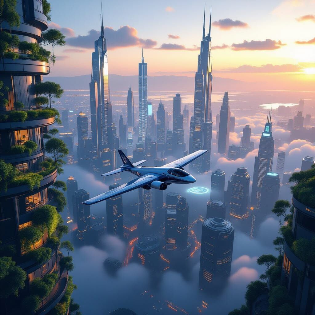 Futuristic Megacity at Dawn: Aerial View