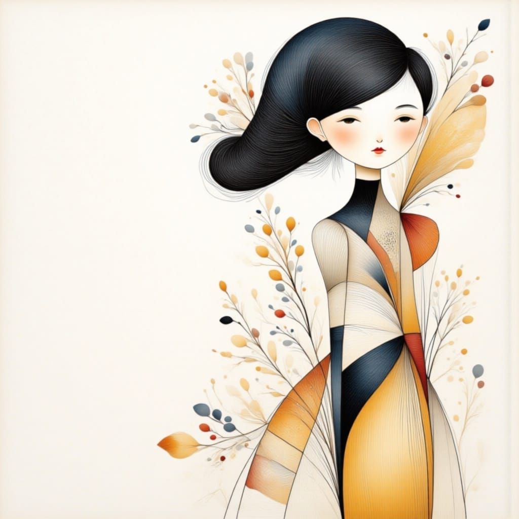 Contemplative Woman: Bauhaus-Picasso Fusion in Line Art