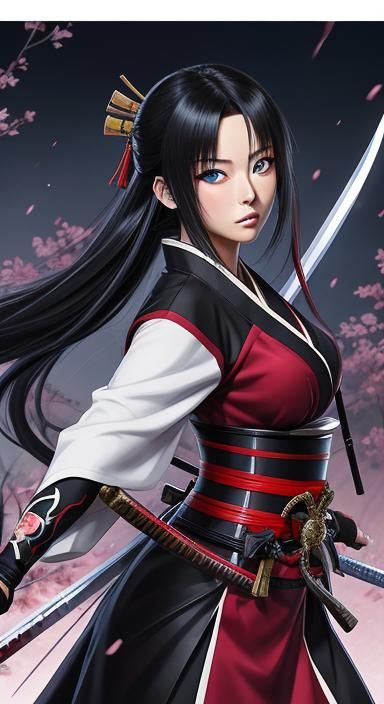 Anime Samurai Girl Cleans Katana in Manga Style