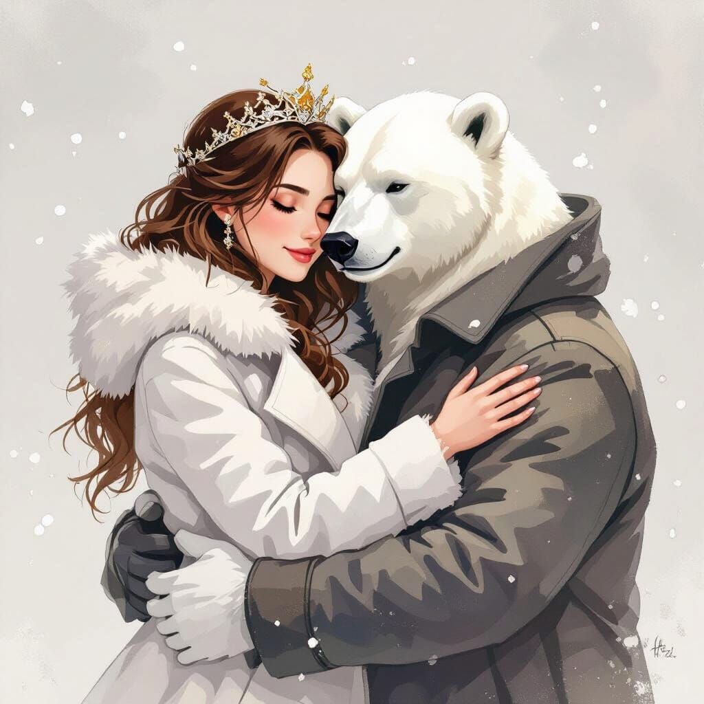 Queen Embracing Polar Bear King, Watercolor Style