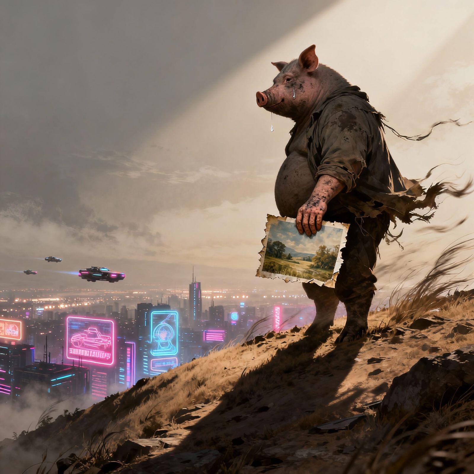 Pig-Man's Melancholy Over Cyberpunk City, Holding Nature Pho...