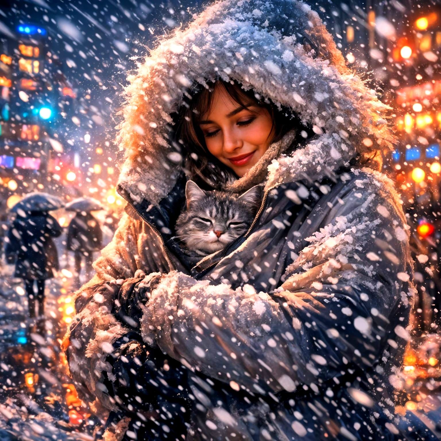 Woman Hugs Siberian Cat in Snowy Cyberpunk City