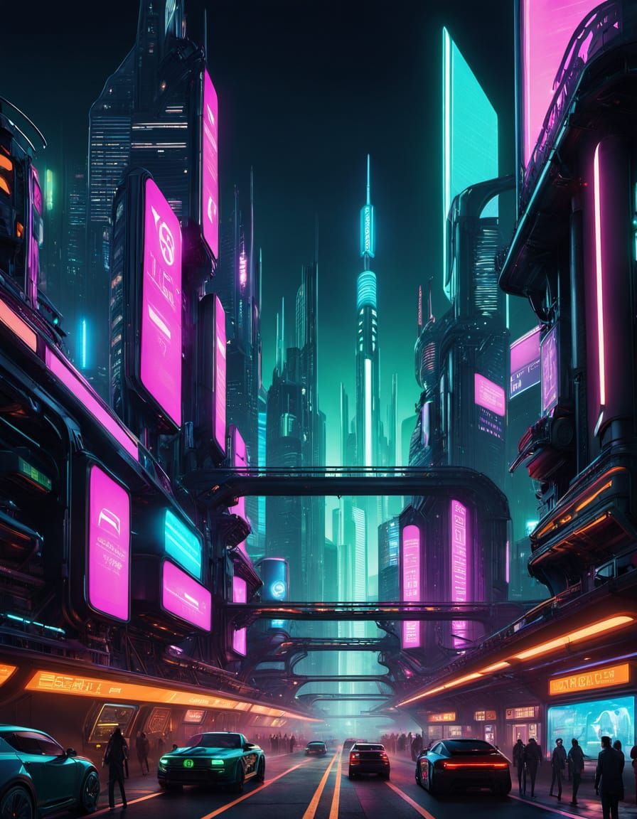 Cyberpunk Cityscape at Night with Neon Lights