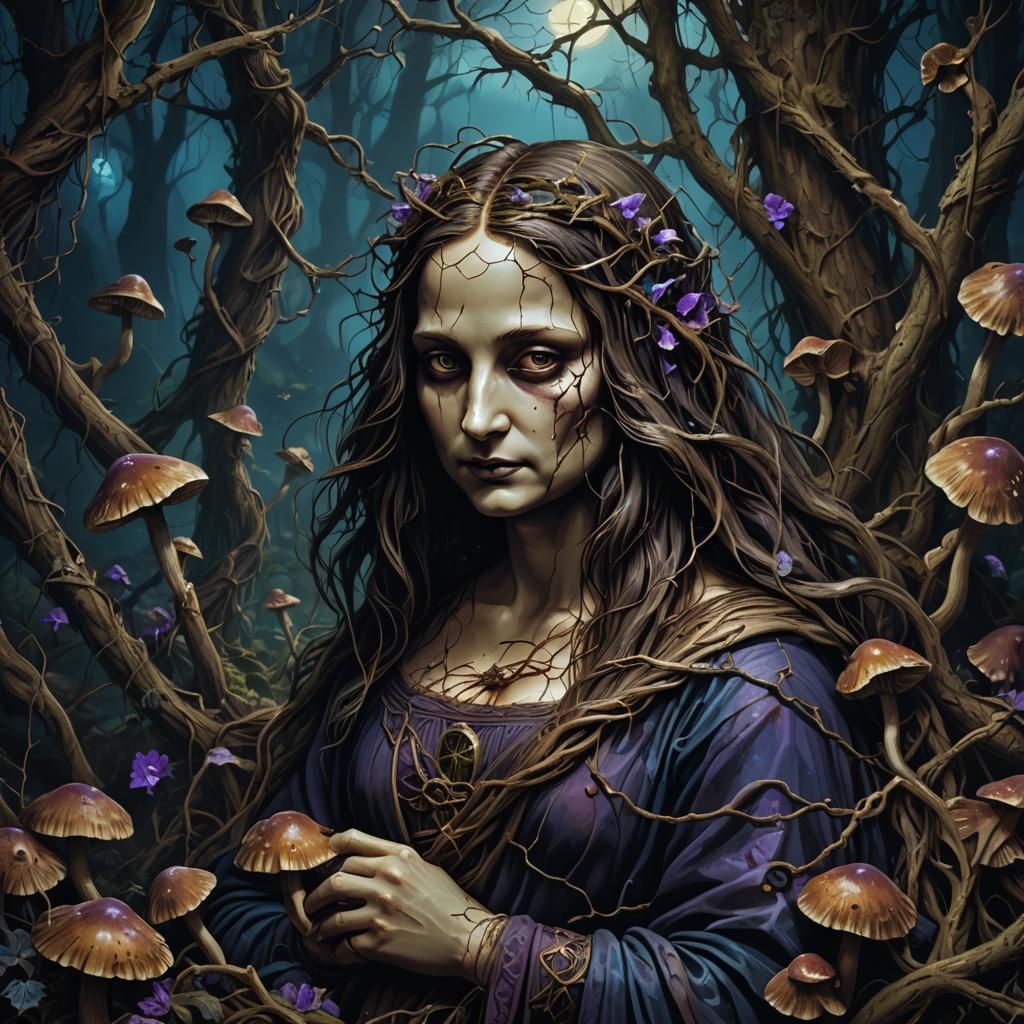 Decaying Mona Lisa in Dark Forest: Gothic Horror Portrait