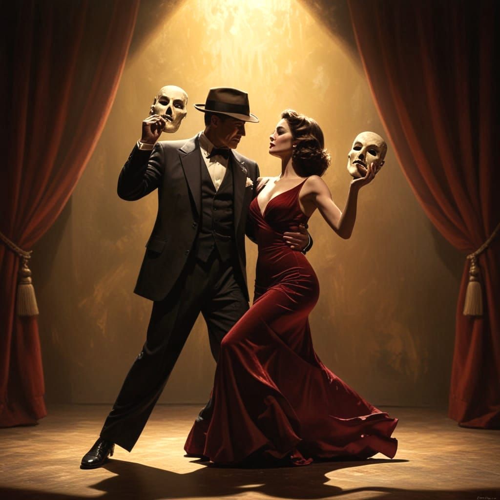 Passionate Tango with Masks in Film Noir Style