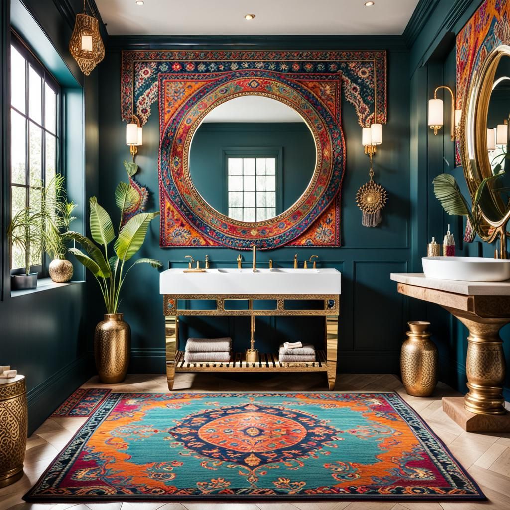 A lavishly colorful vibrant bohemian bathroom