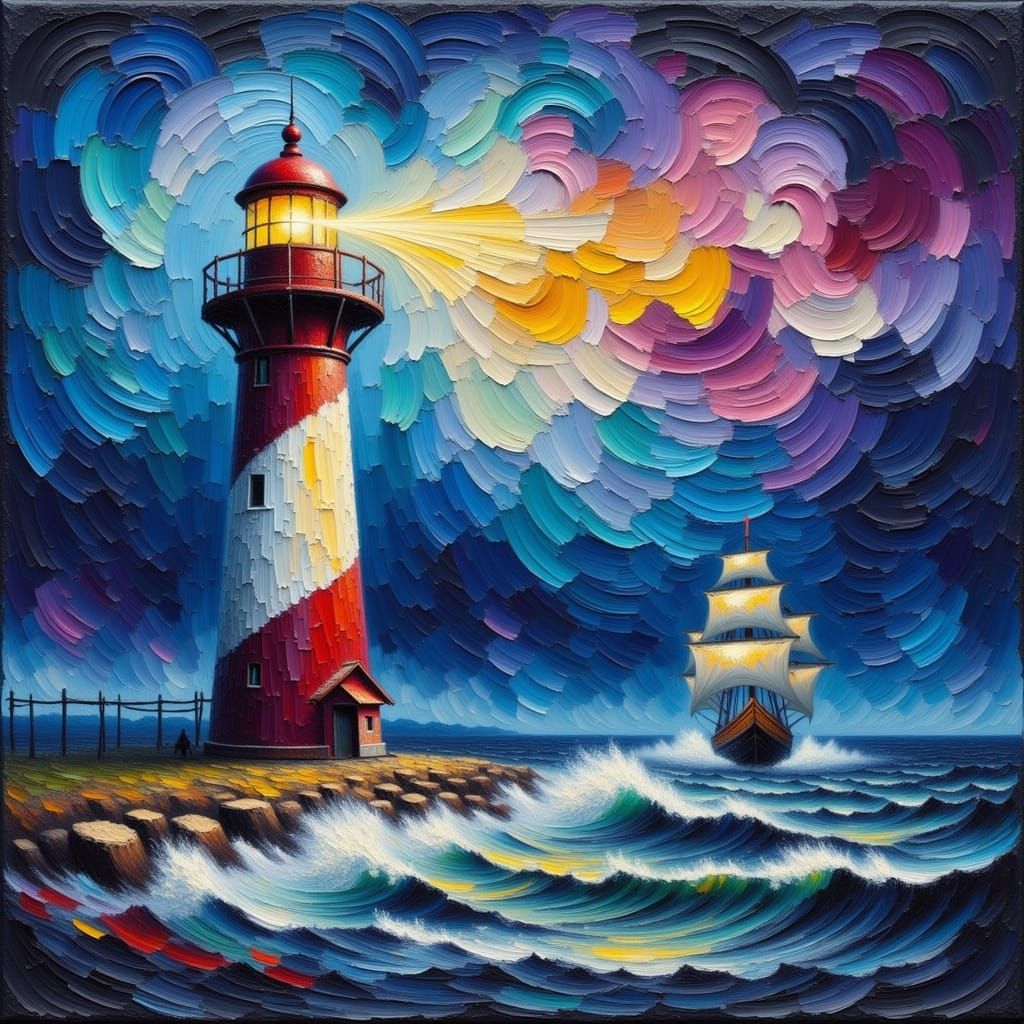 Lighthouse in Stormy Seas: Impasto Oil Painting