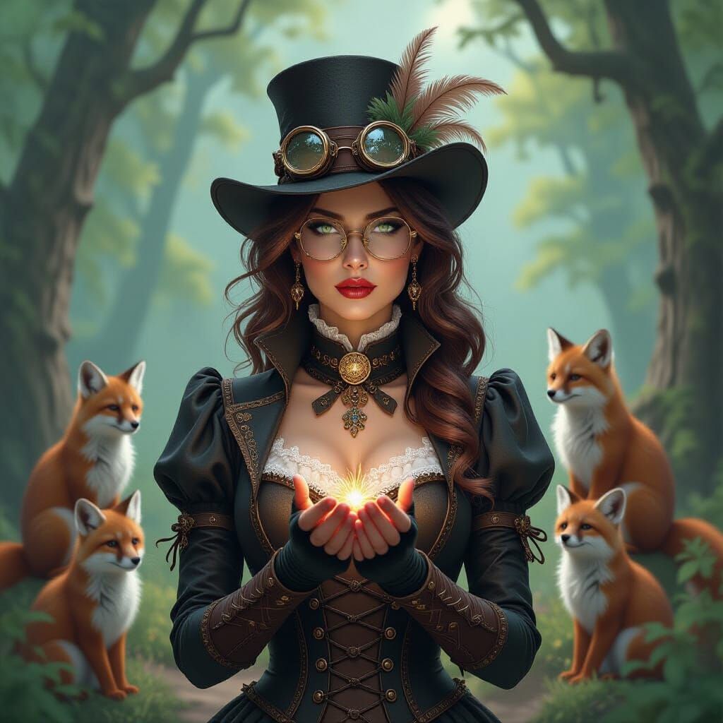 Steampunk Witch with Foxes in Enchanted Forest