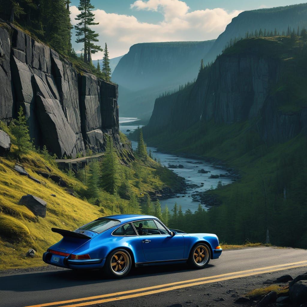Sleek Cobalt Porsche on a Cliff with Northern Lights
