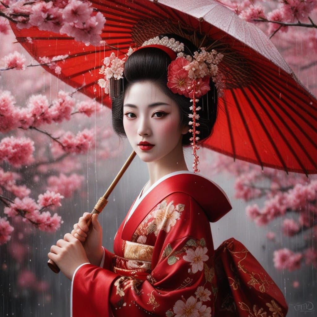 Geisha in crimson silk Kimono