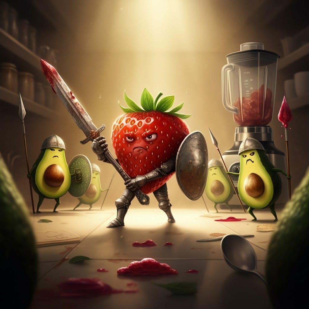 Strawberry Warrior in Kitchen Battlefield, Hyper-Realistic R...