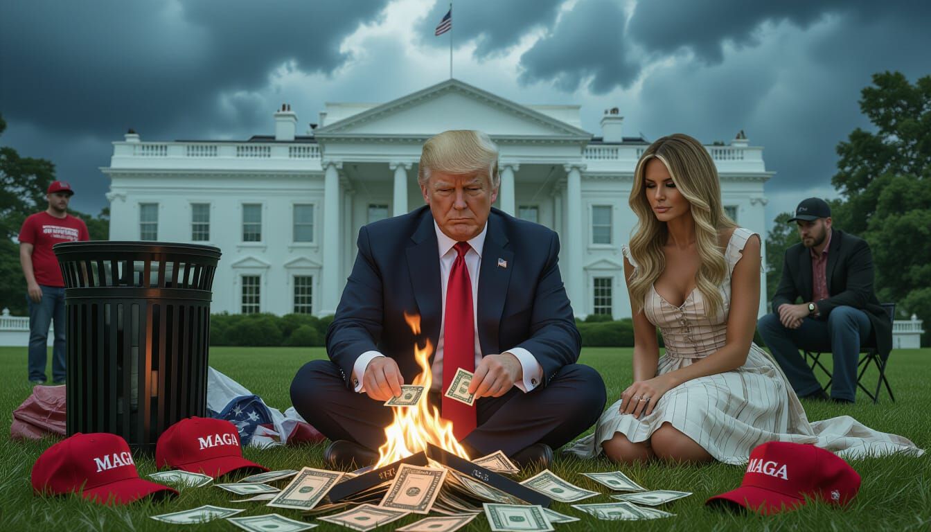 Hyperrealistic Trump Burns Money at White House