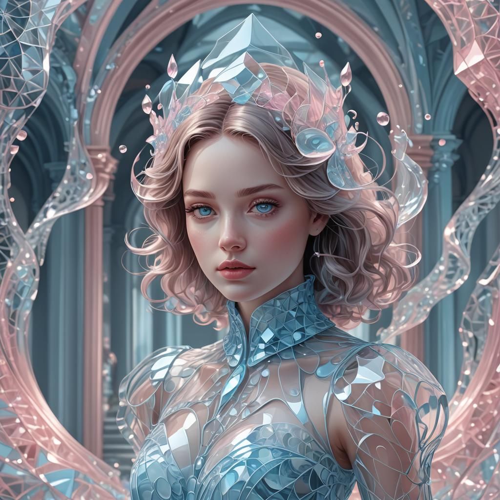 Elegant Glass Woman in Glass Castle: 3D Shading