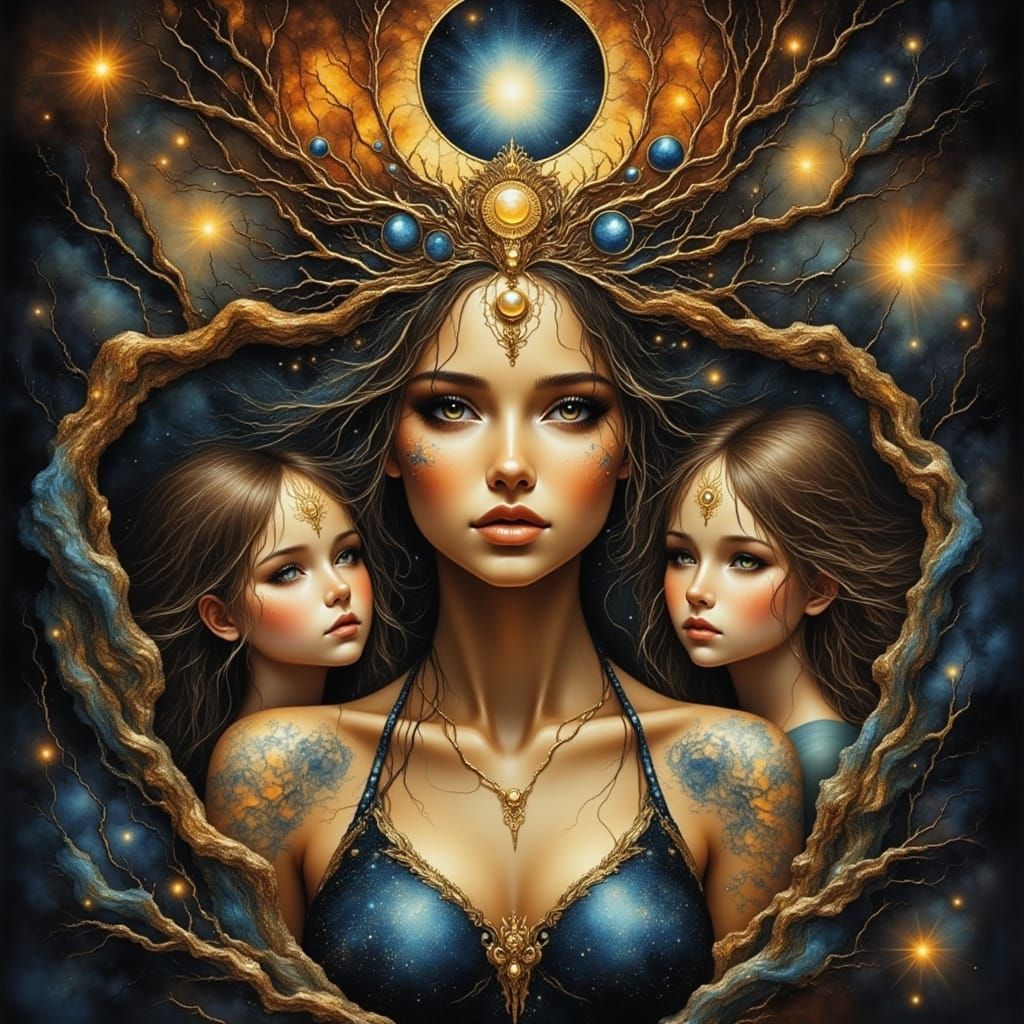 Celestial Tattooed Fortune Teller in Dark Fantasy Art