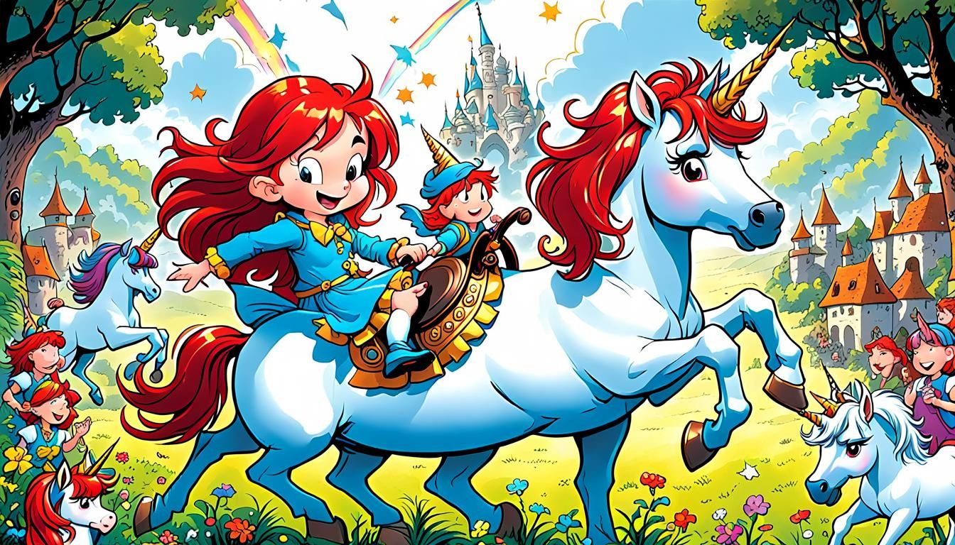 Whimsical Digital Illustration of a Red Haired Girl with Mag...