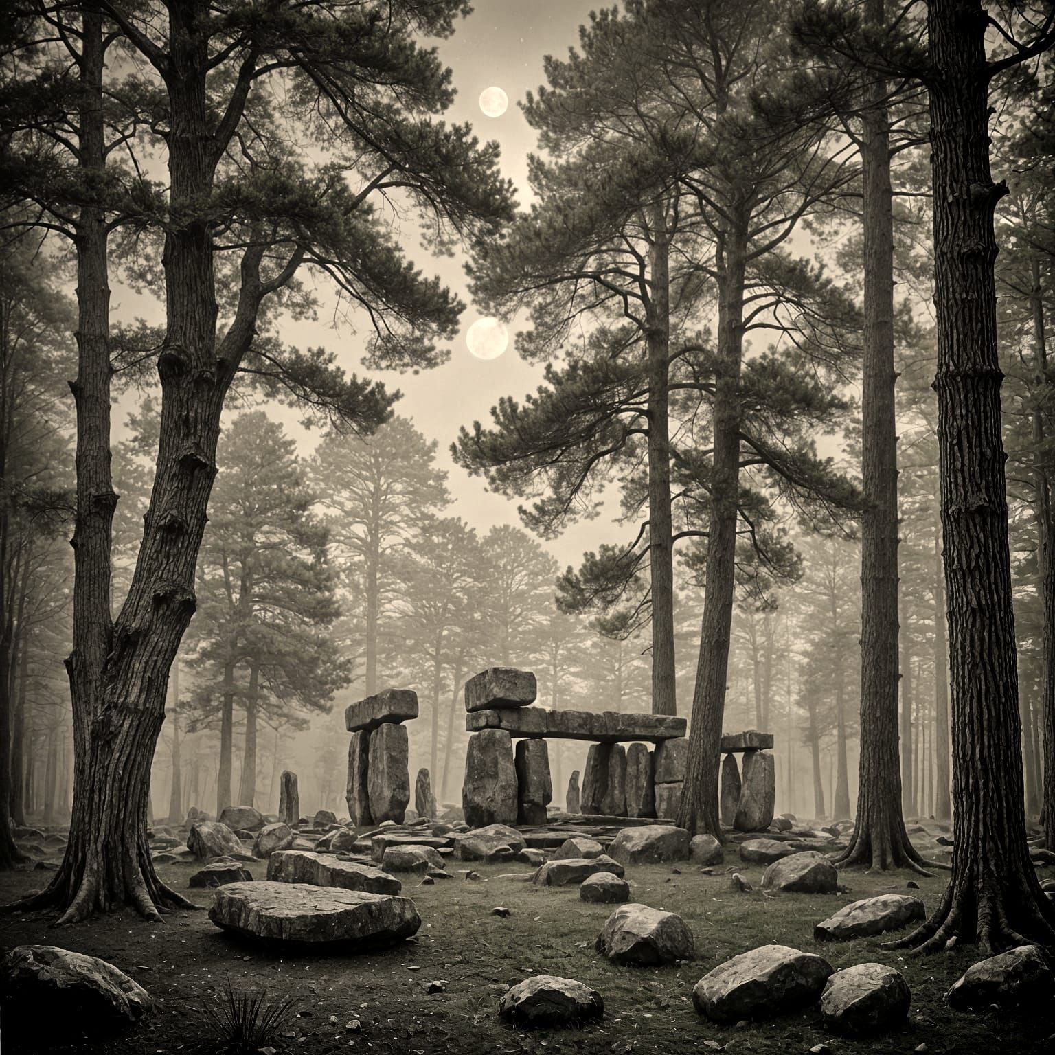 Ancient Ruins Amidst a Dark and Mystical Forest