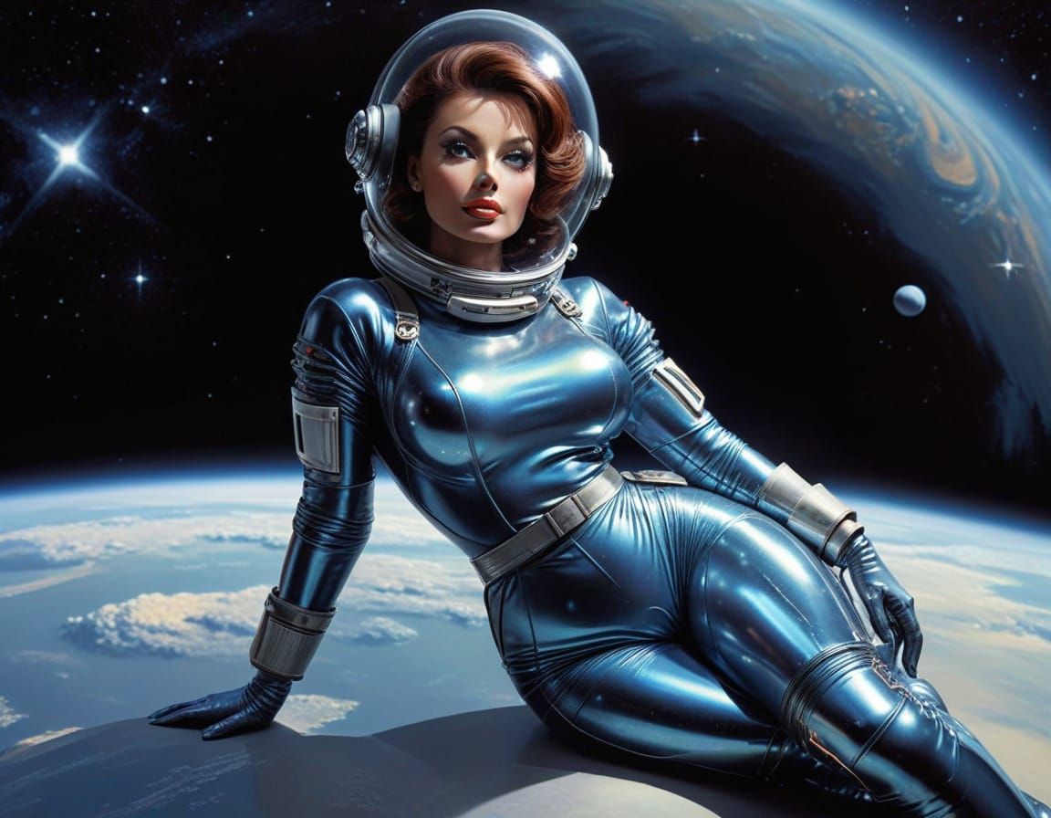 Retro Sci-Fi Space Girl Pinup in Space